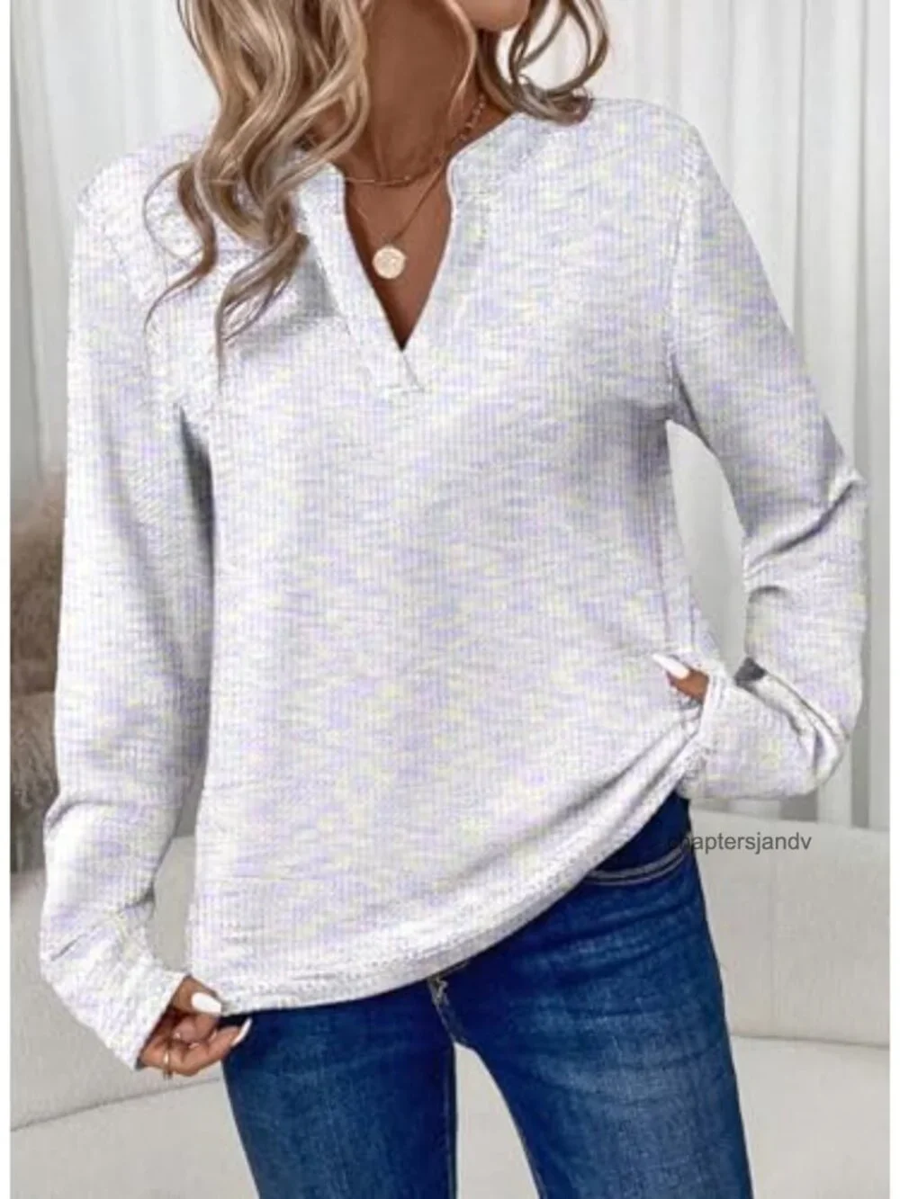 Dokotoo Waffle Knit V-Neck Long Sleeve Sweater Loose Fit Casual Top